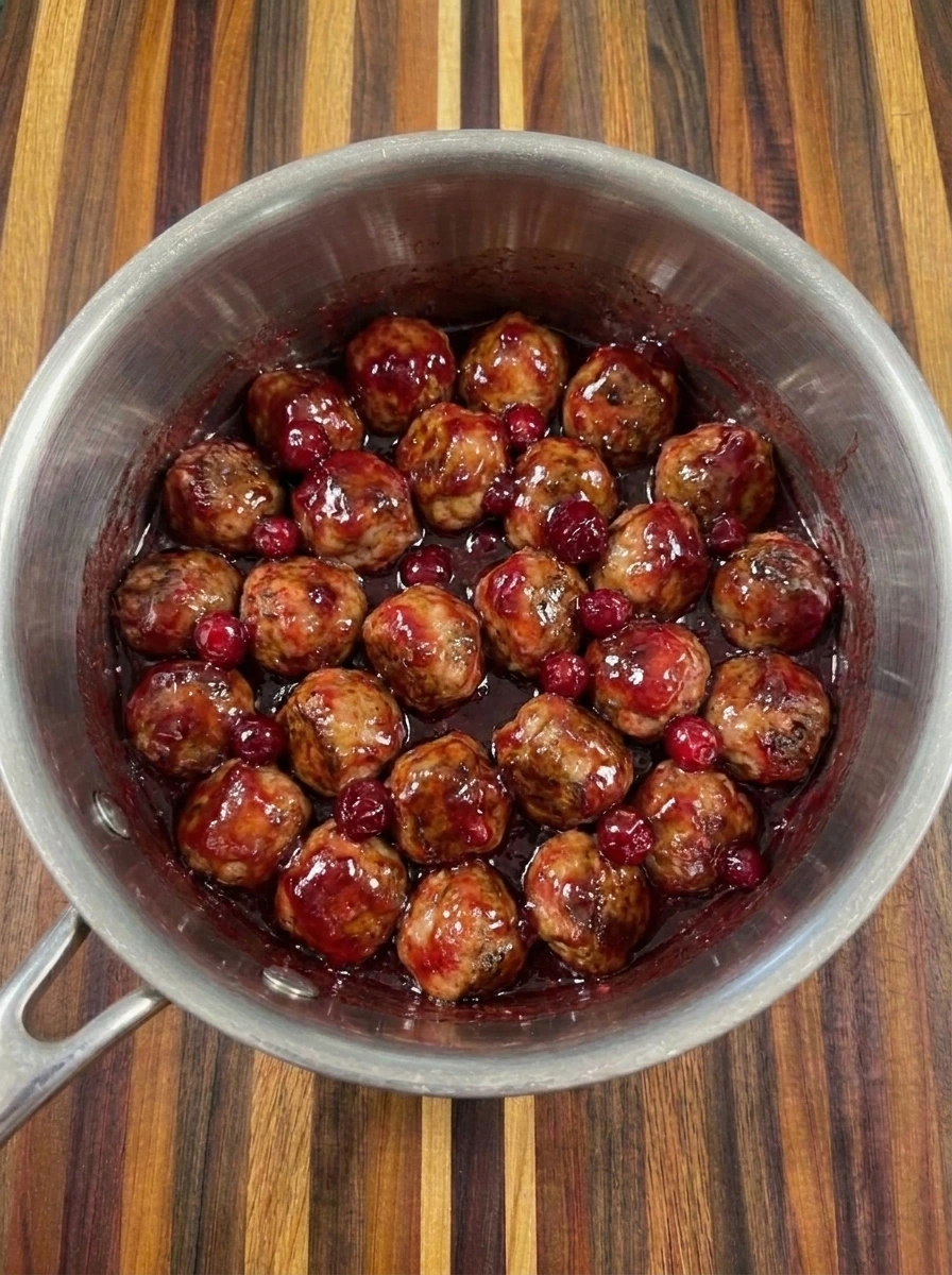Cranberry Meatballs coated in glossy red sauce