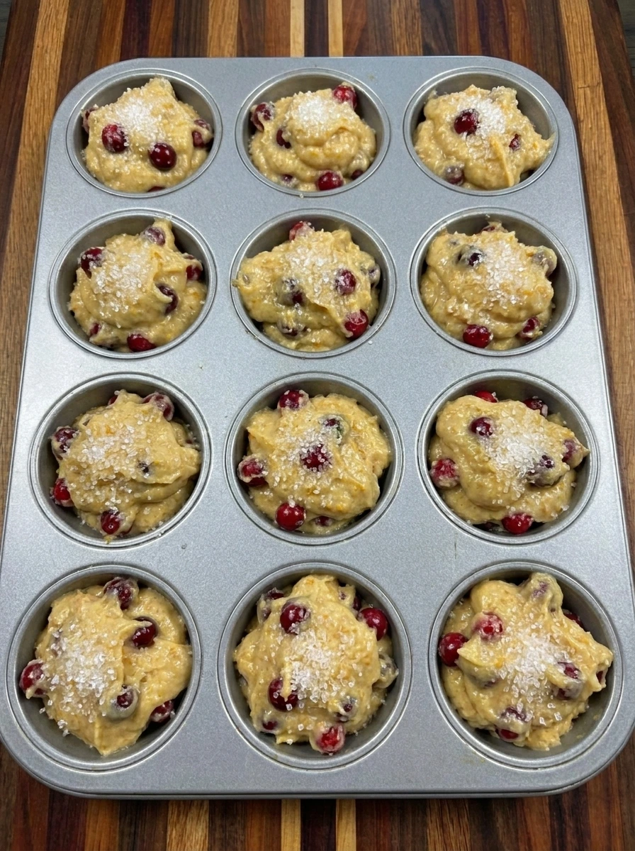 Cranberry Orange Muffins batter in muffin tin