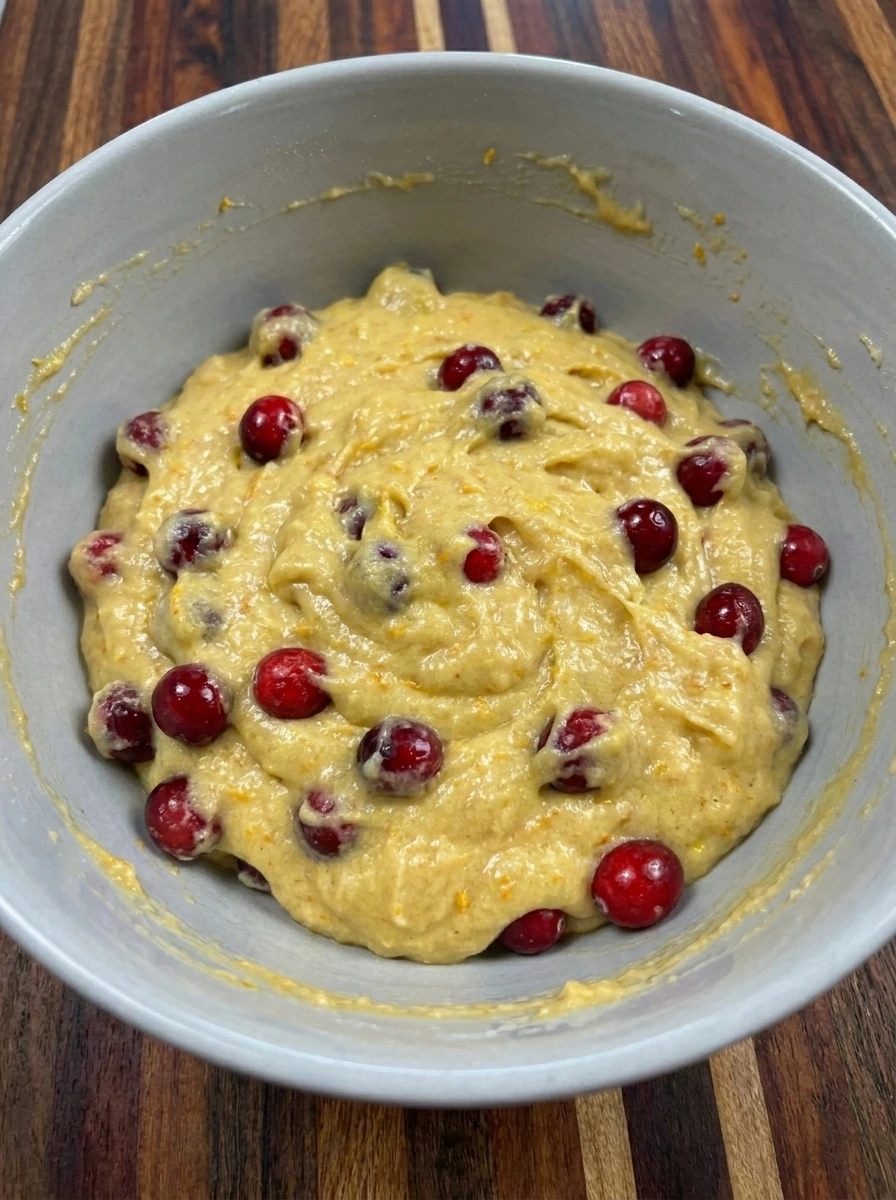 Cranberry Orange Muffins batter folded with cranberries