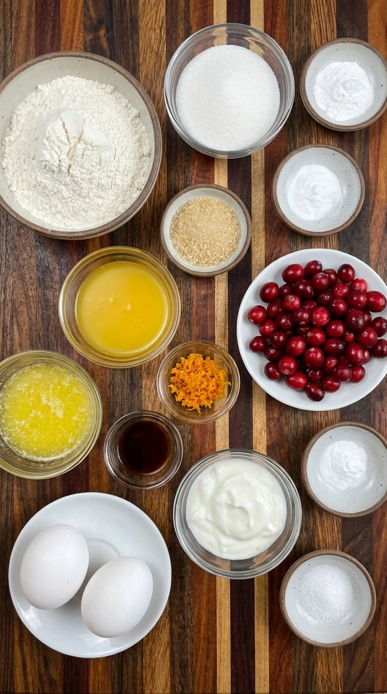 Ingredients for Cranberry Orange Muffins in small bowls