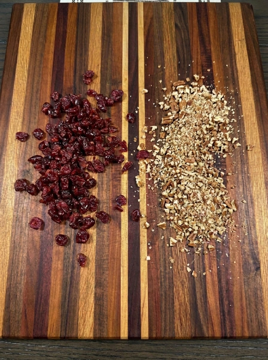 Finely chopped cranberries and toasted pecans for a cheese ball