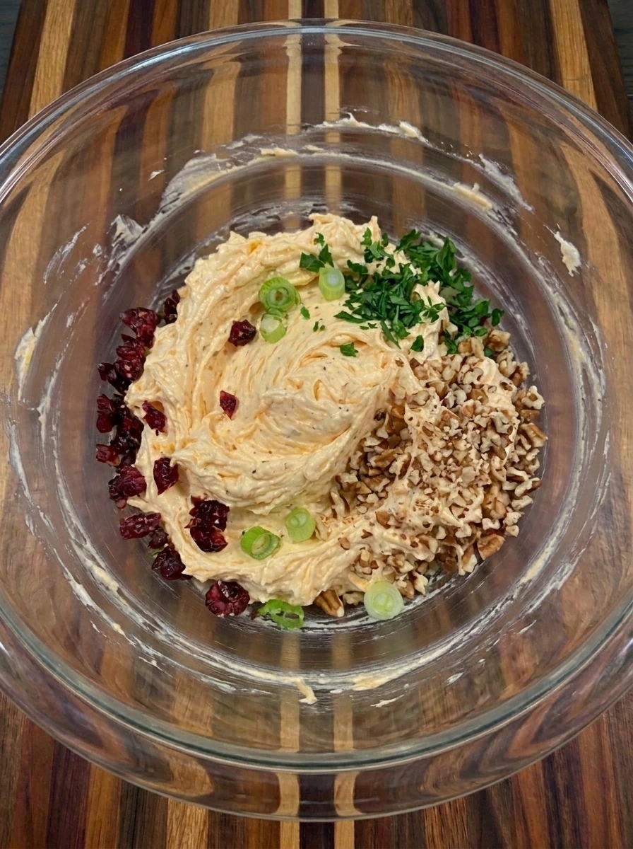 Cranberries and pecans folded into creamy cheese ball filling