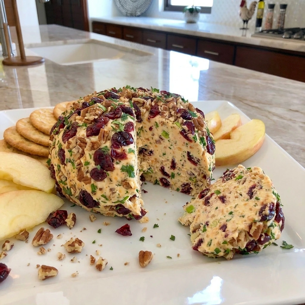 Cranberry Pecan Cheese Ball coated with toasted pecans and dried cranberries