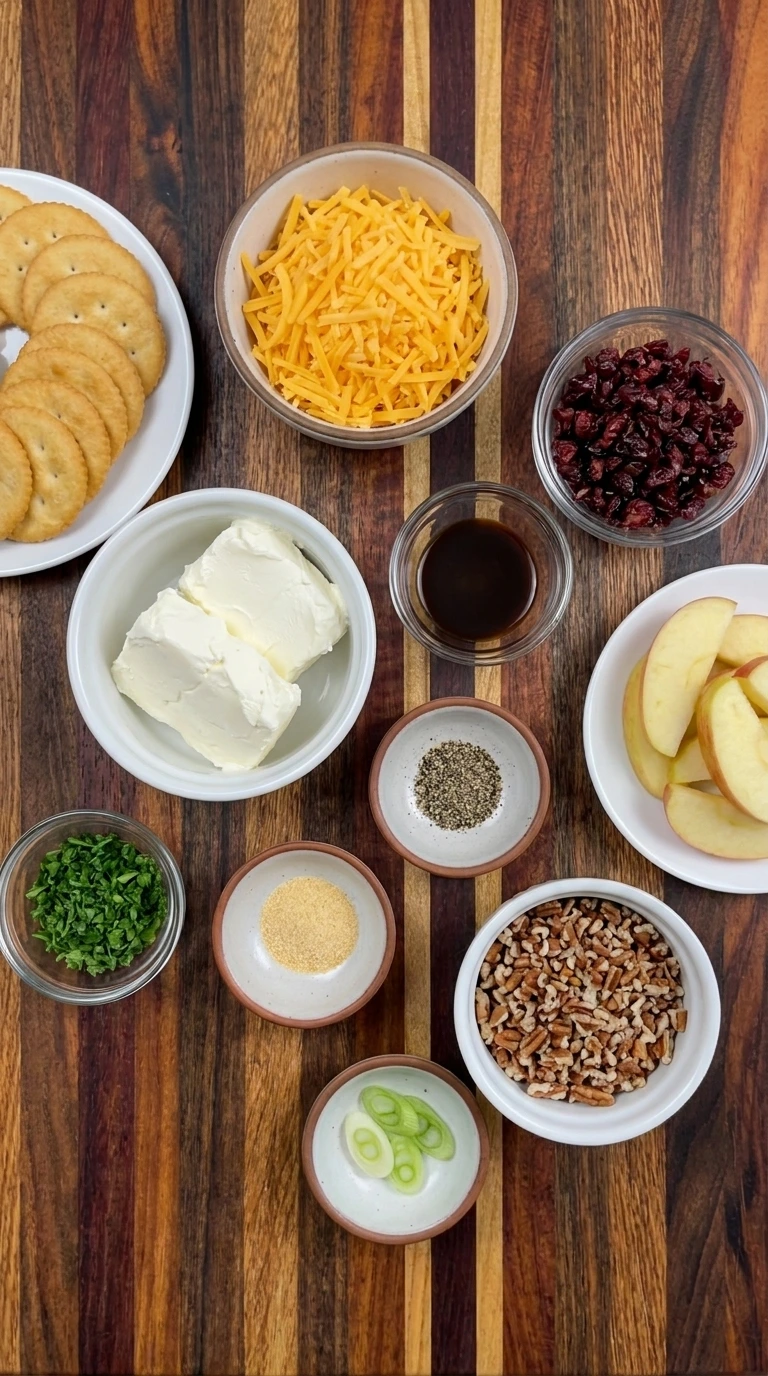 Ingredients for Cranberry Pecan Cheese Ball in separate small containers