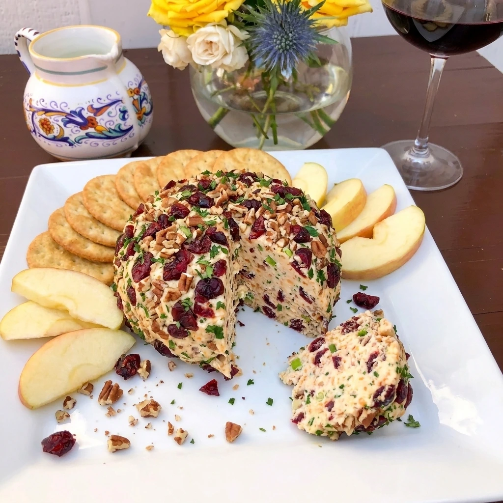 Cut portion of Cranberry Pecan Cheese Ball showing creamy center