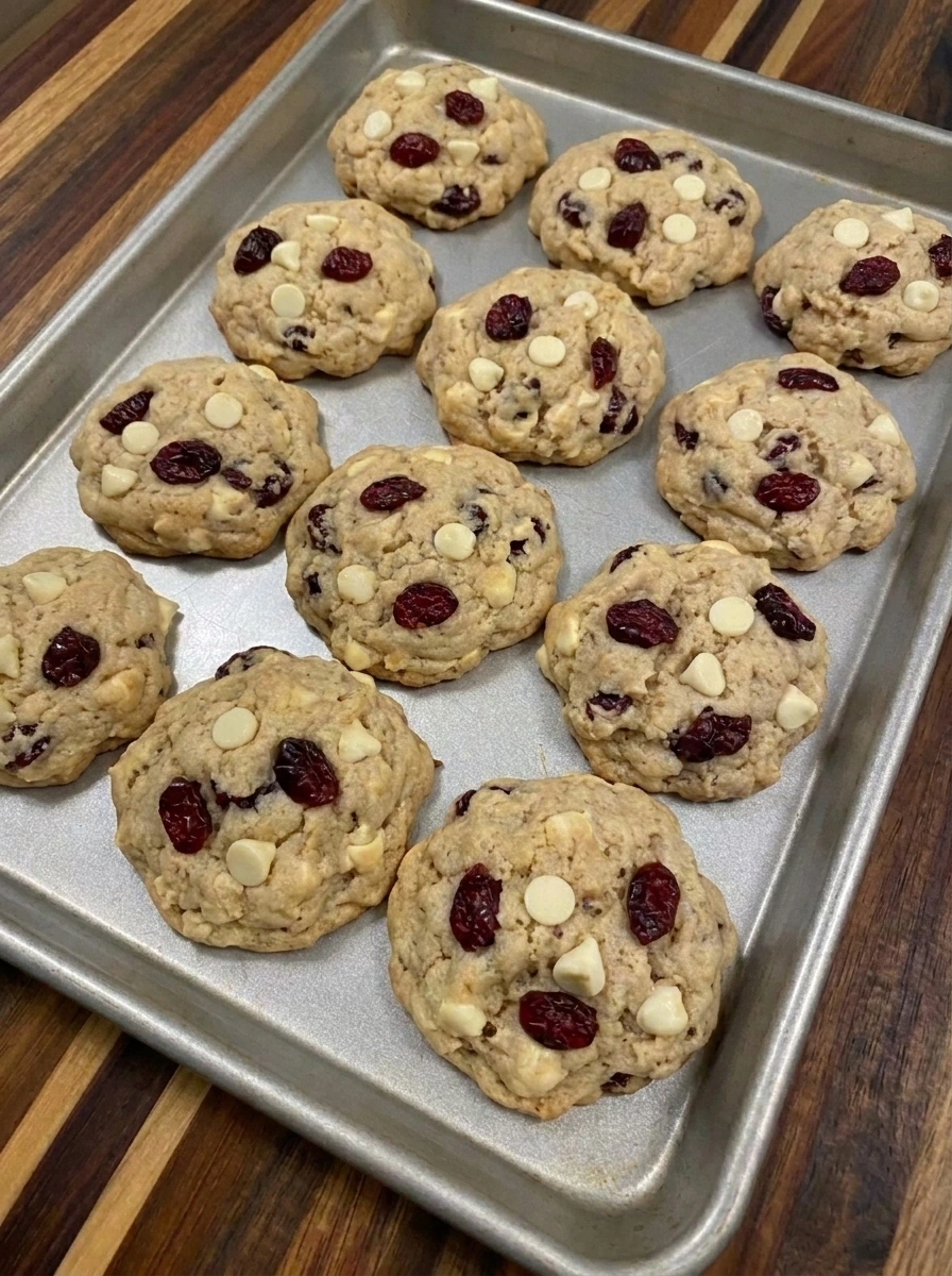 Freshly baked Cranberry White Chocolate Cookies on baking tray