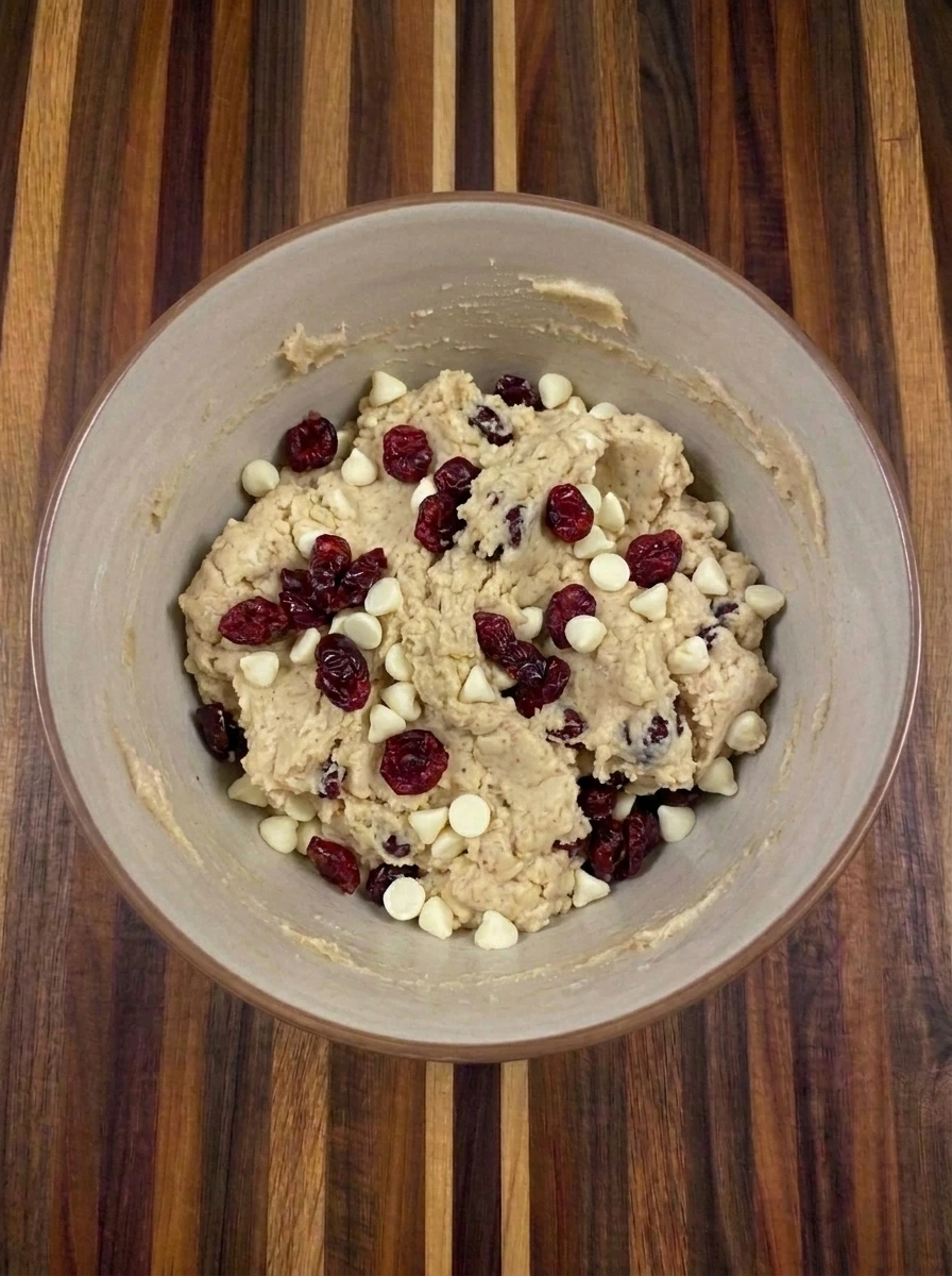 Cranberries and white chocolate chips folded into cookie dough