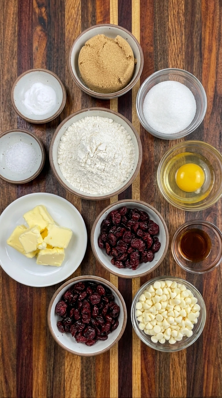 Ingredients for Cranberry White Chocolate Cookies in separate containers