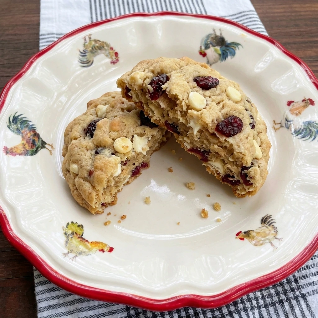 Cranberry White Chocolate Cookie broken open to show chewy center