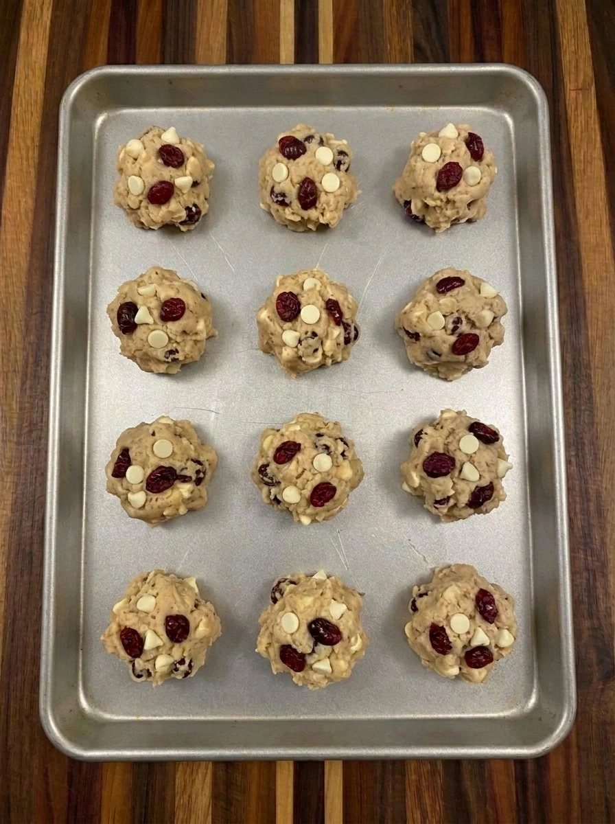 Twelve portions of cranberry white chocolate cookie dough on baking tray