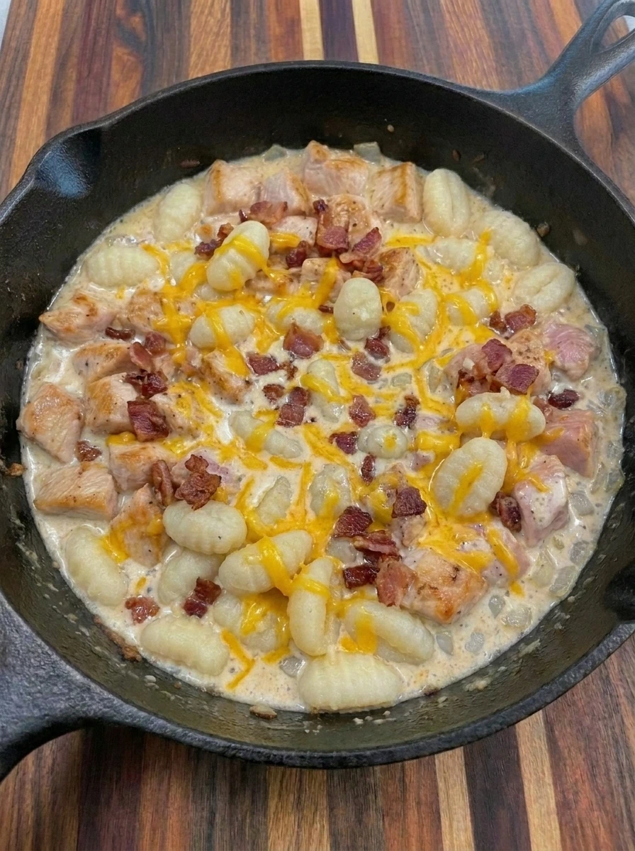 Cheddar and bacon added to Creamy Crack Chicken Gnocchi