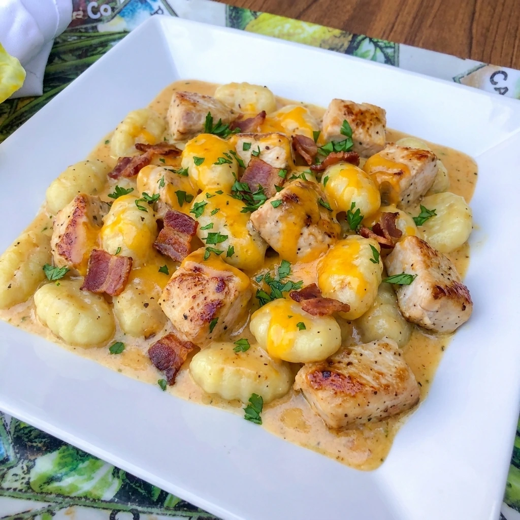 Creamy Crack Chicken Gnocchi served with bacon and melted cheddar sauce