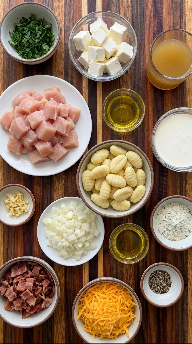 Ingredients for Creamy Crack Chicken Gnocchi in separate small containers