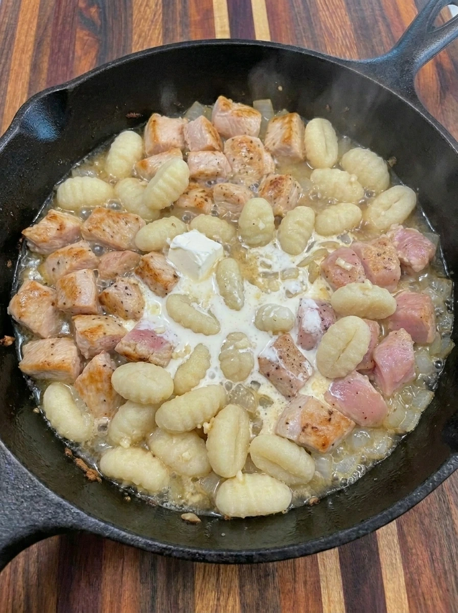 Cream cheese melting into Creamy Crack Chicken Gnocchi