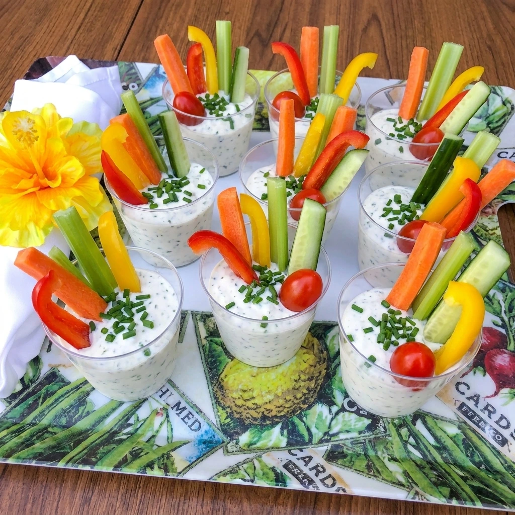Creamy Ranch Veggie Cups filled with colorful crisp vegetables and ranch dip