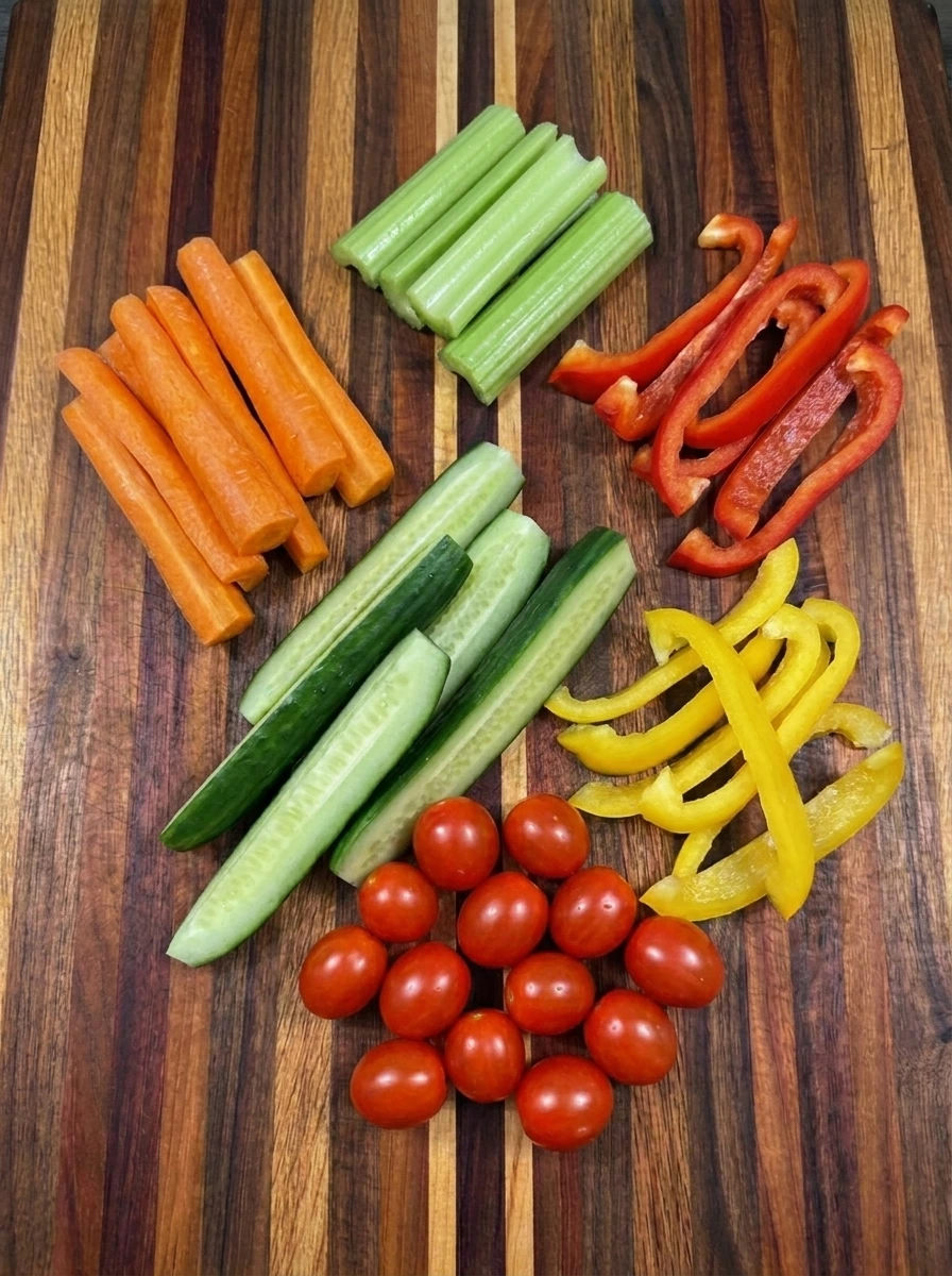 Fresh vegetables cut into sticks and spears for Creamy Ranch Veggie Cups