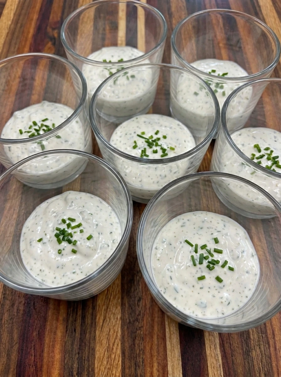 Eight cups portioned with creamy ranch dip