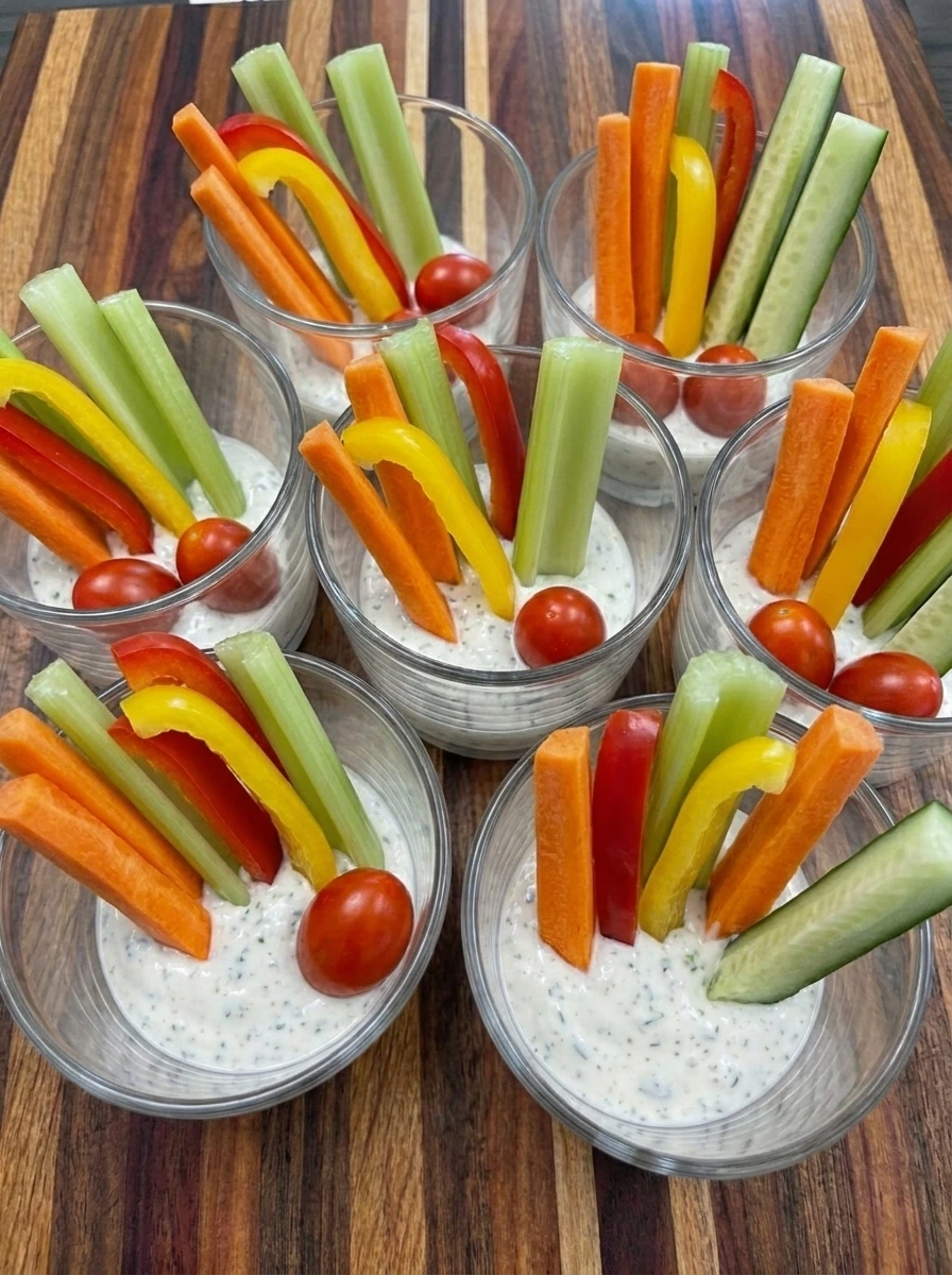 Colorful vegetables arranged in creamy ranch cups