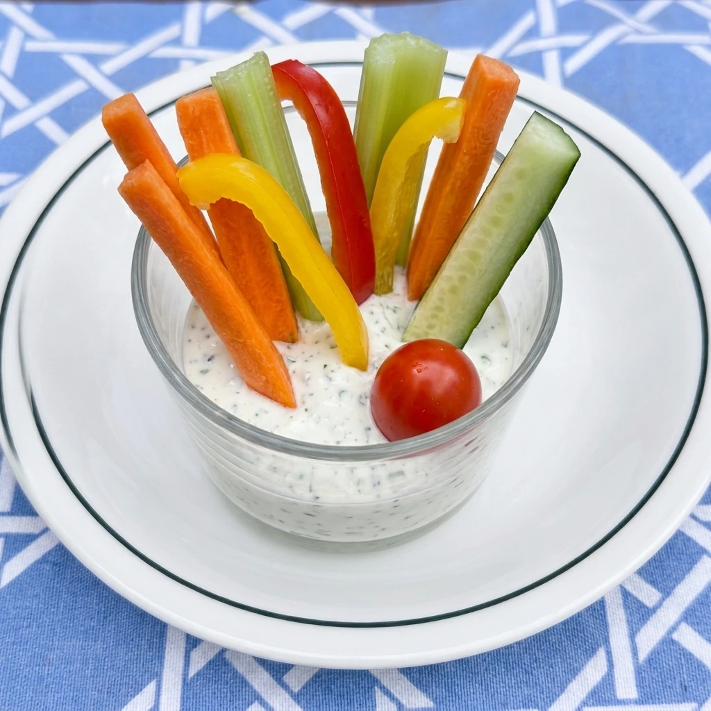 Single serving of Creamy Ranch Veggie Cups on a white plate