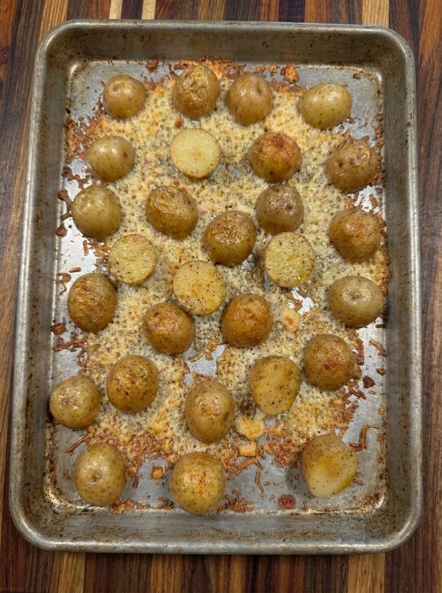 Potato bites flipped to reveal crispy Parmesan crust