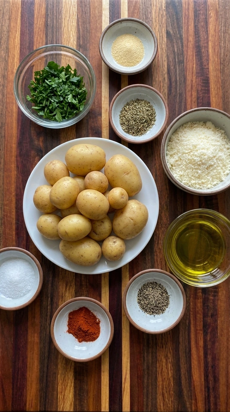 Ingredients for Crispy Parmesan Potato Bites in separate bowls
