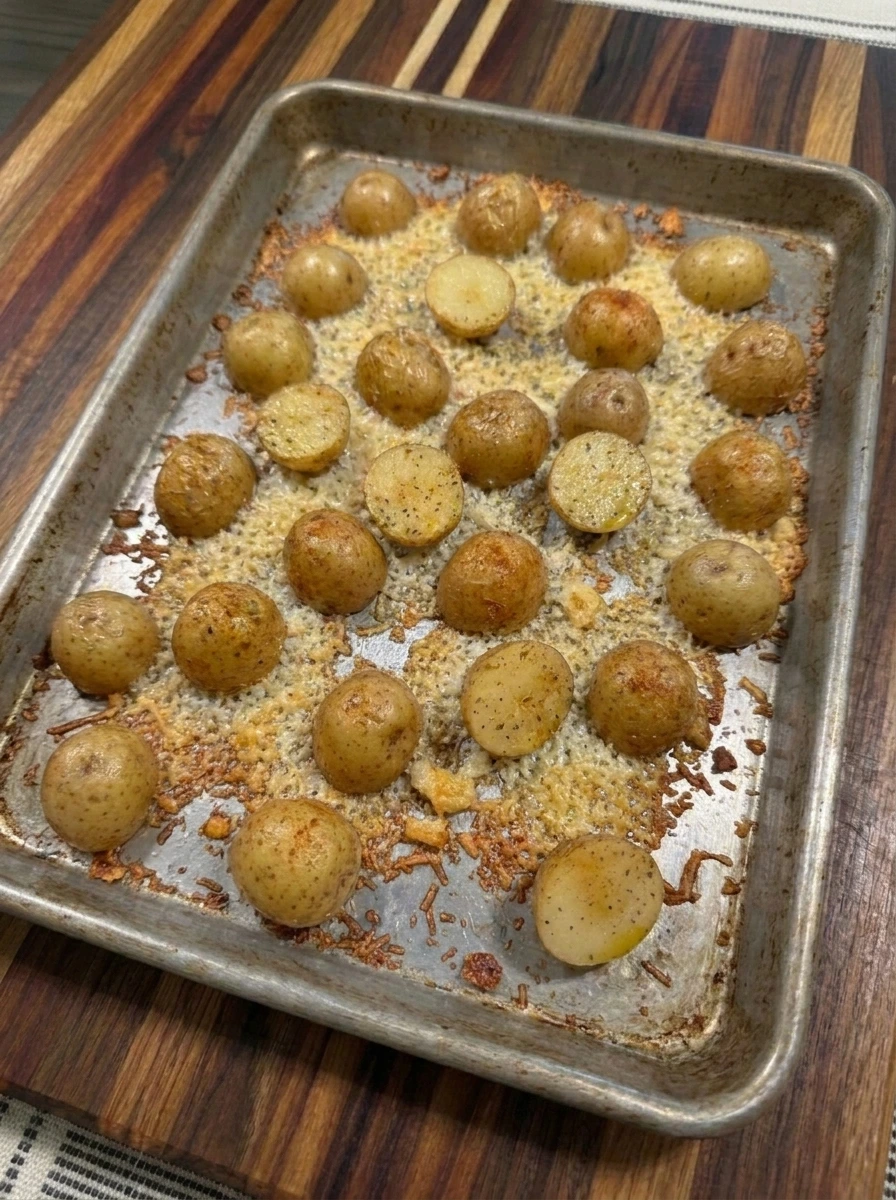Parmesan potato bites roasting until golden on a sheet pan