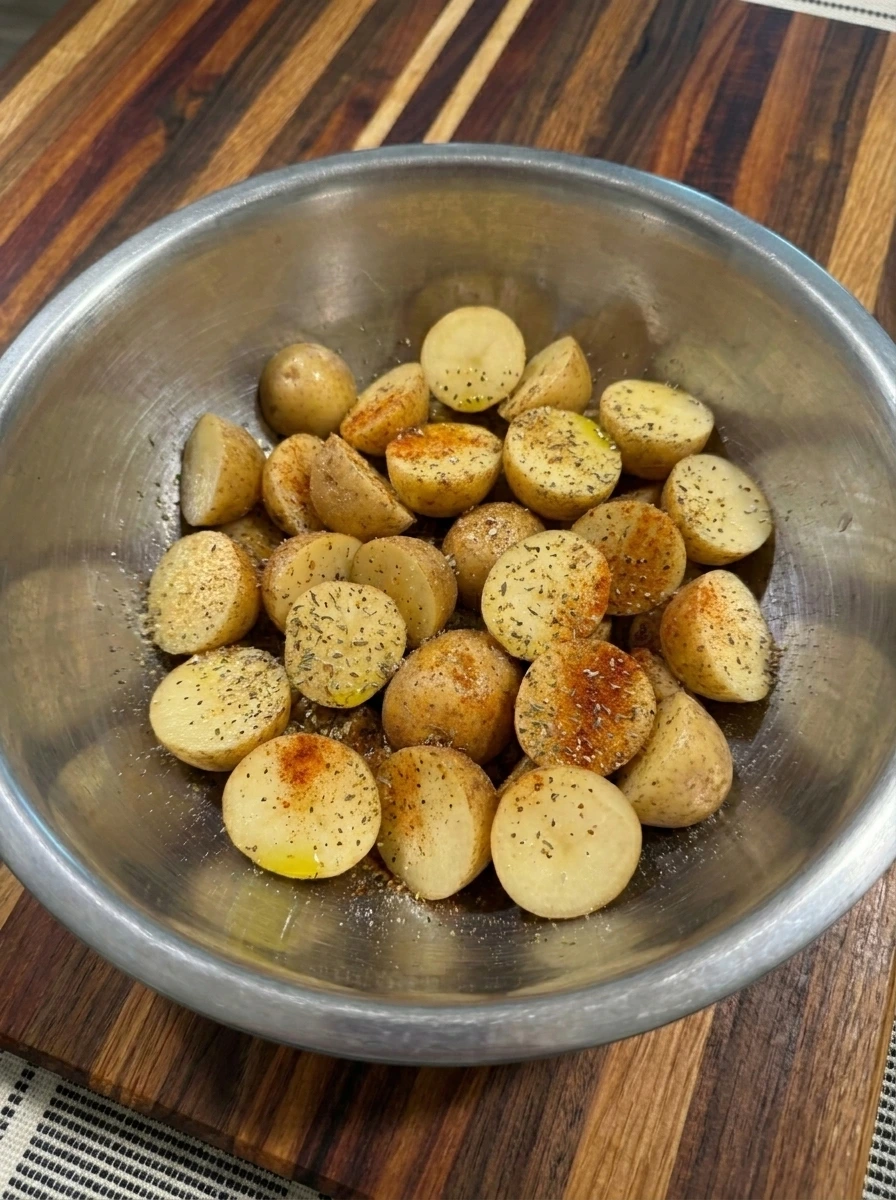 Potato halves coated with oil and seasonings