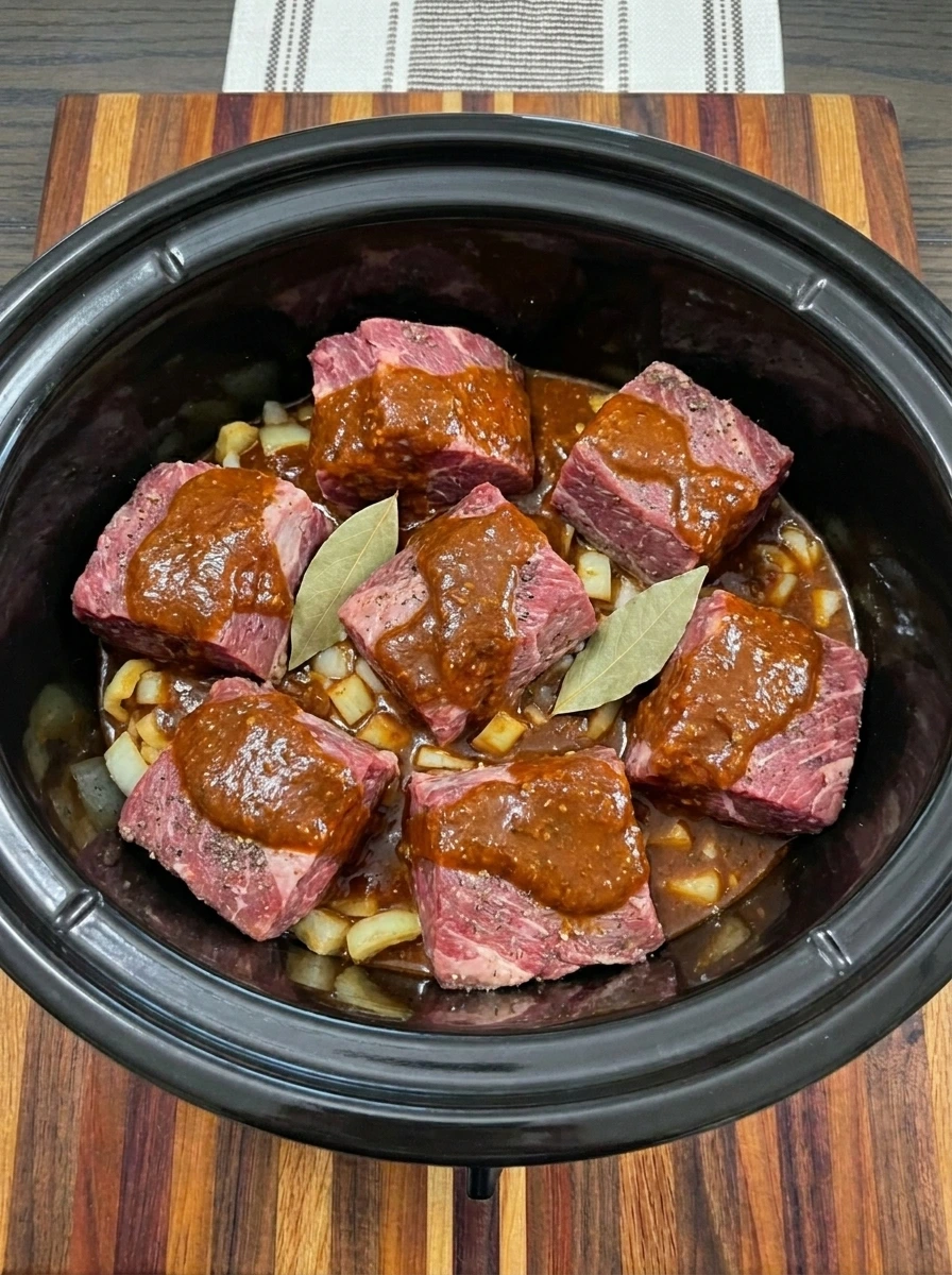 Beef chunks layered with onion and chipotle sauce in a slow cooker