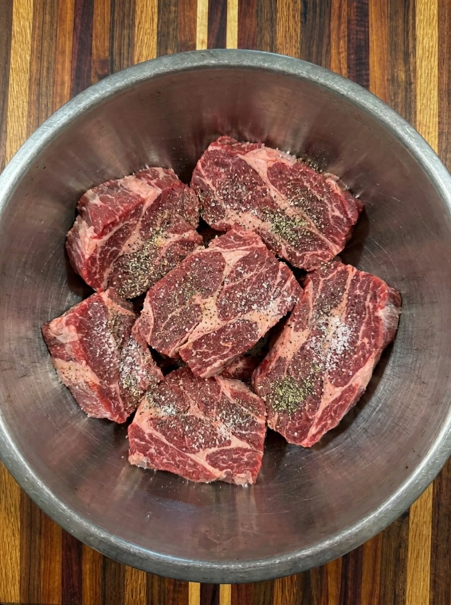 Six seasoned beef chunks ready for Crockpot Barbacoa Beef