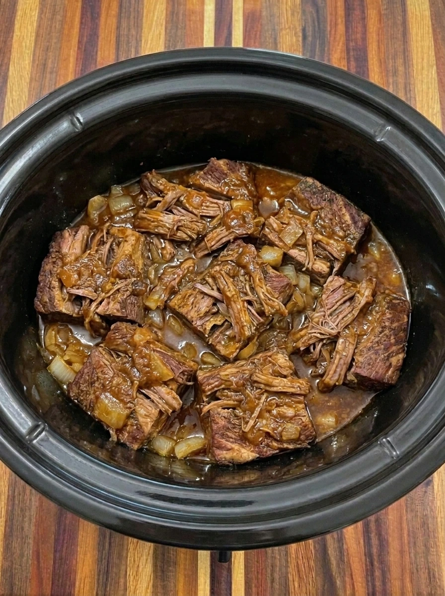 Shredded Crockpot Barbacoa Beef folded into smoky sauce