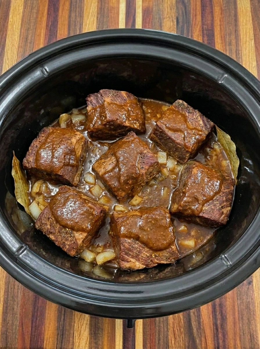 Tender browned Crockpot Barbacoa Beef in thick chipotle sauce