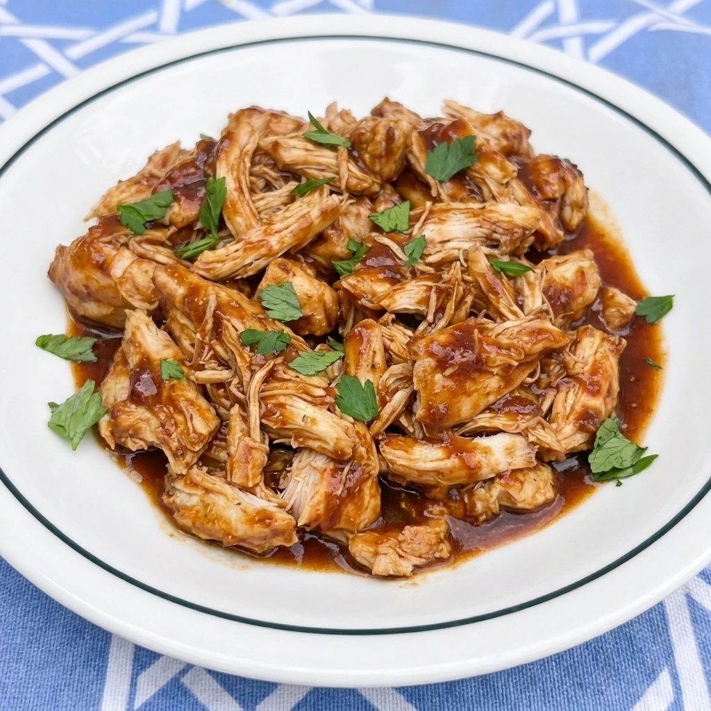 Single portion of shredded Crockpot BBQ Chicken with parsley