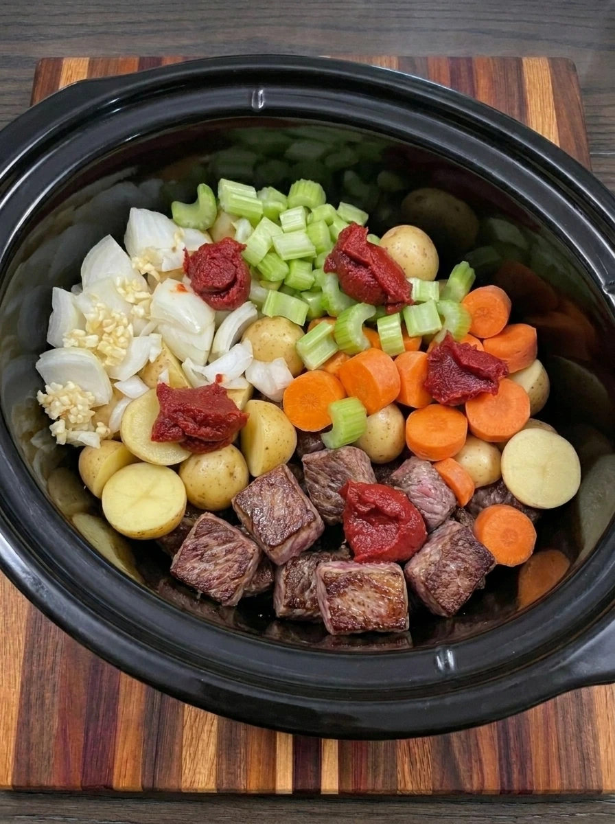 Beef and vegetables layered in slow cooker