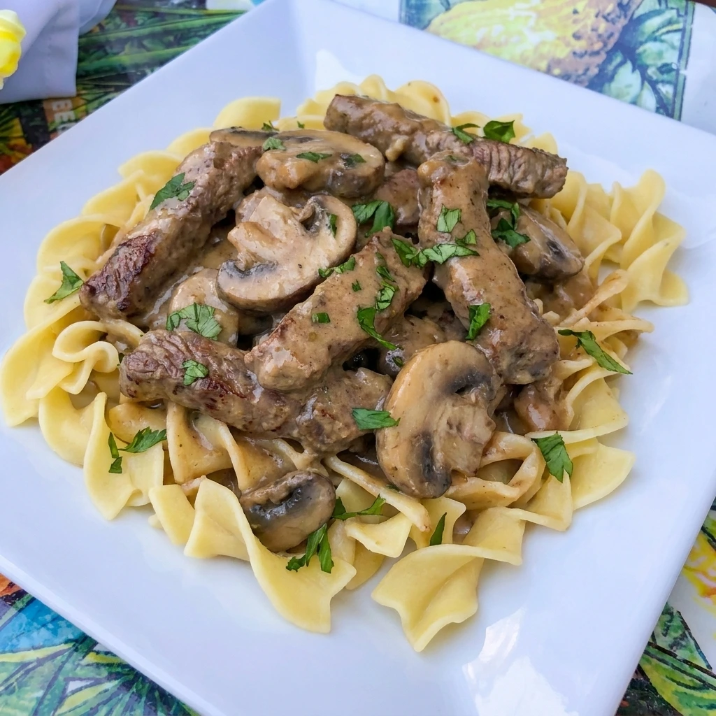 Crockpot Beef Stroganoff with tender beef mushrooms creamy sauce and egg noodles
