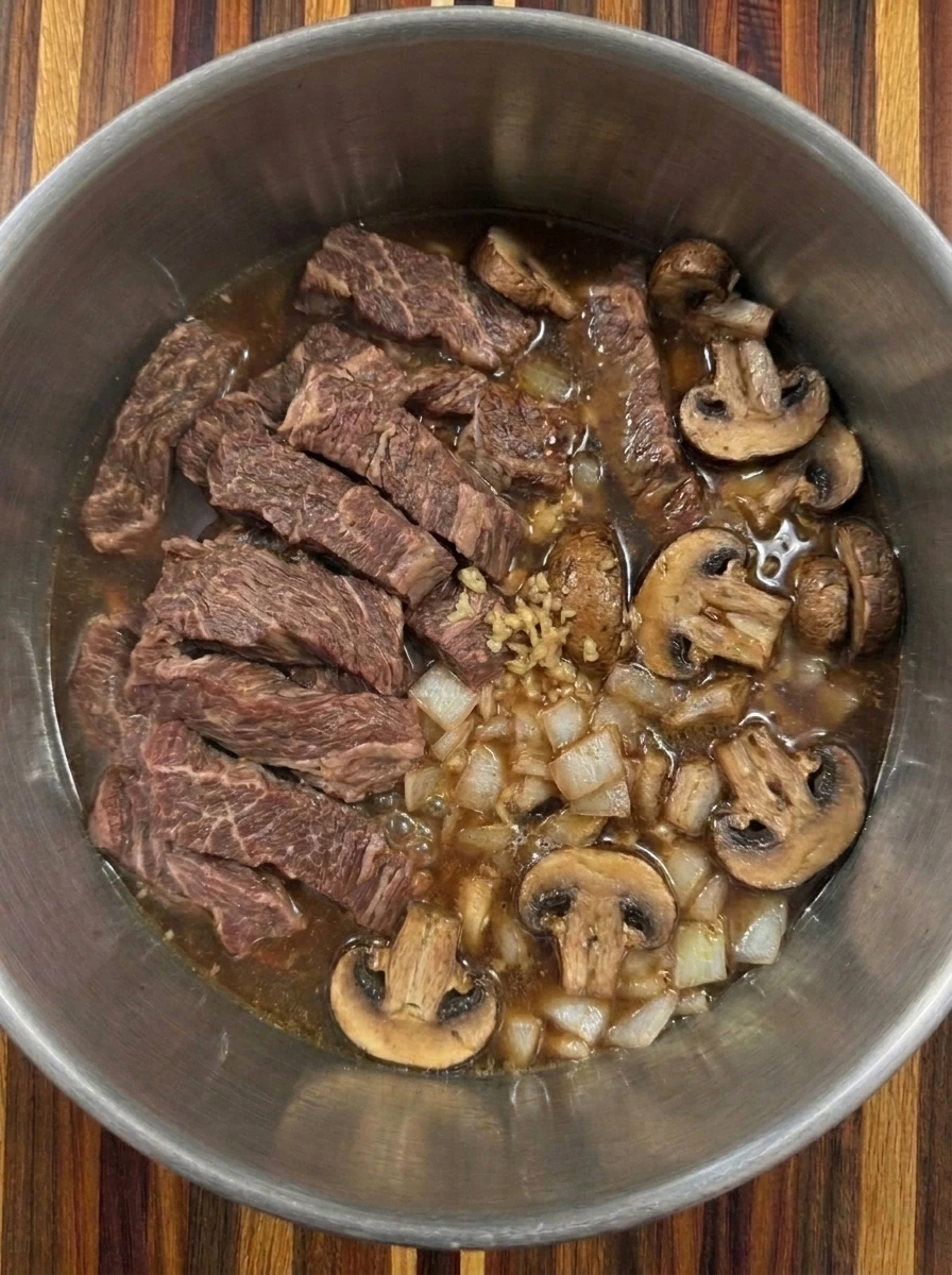 Beef and mushrooms coated in thickened stroganoff sauce