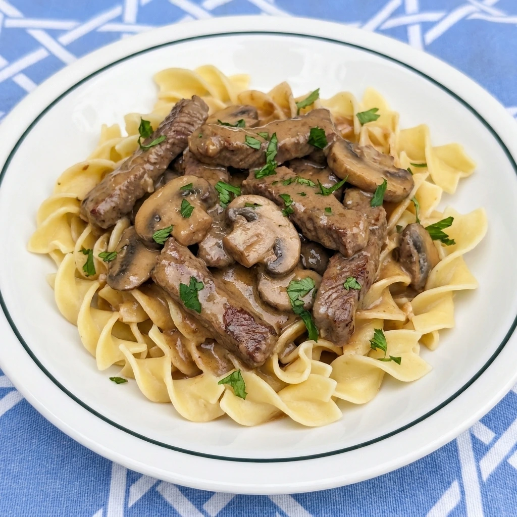 Single serving of Crockpot Beef Stroganoff over egg noodles