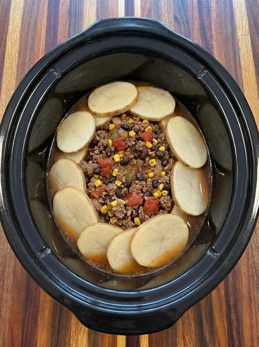 Potatoes and taco beef layered in a slow cooker