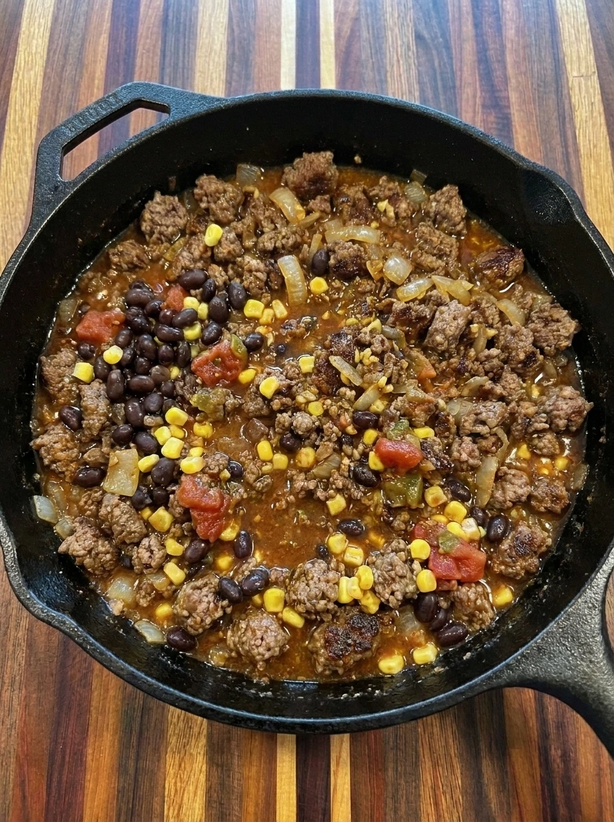 Taco beef filling with tomatoes and black beans and corn