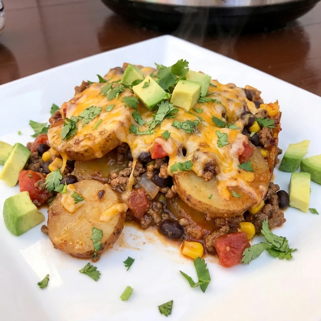 Served portion of CrockPot Beefy Potato Taco Casserole