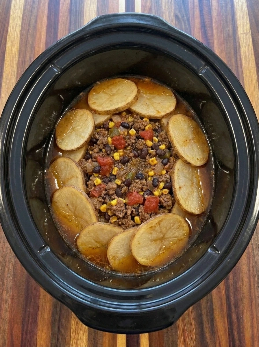Slow cooked beef and potato taco casserole before adding cheese