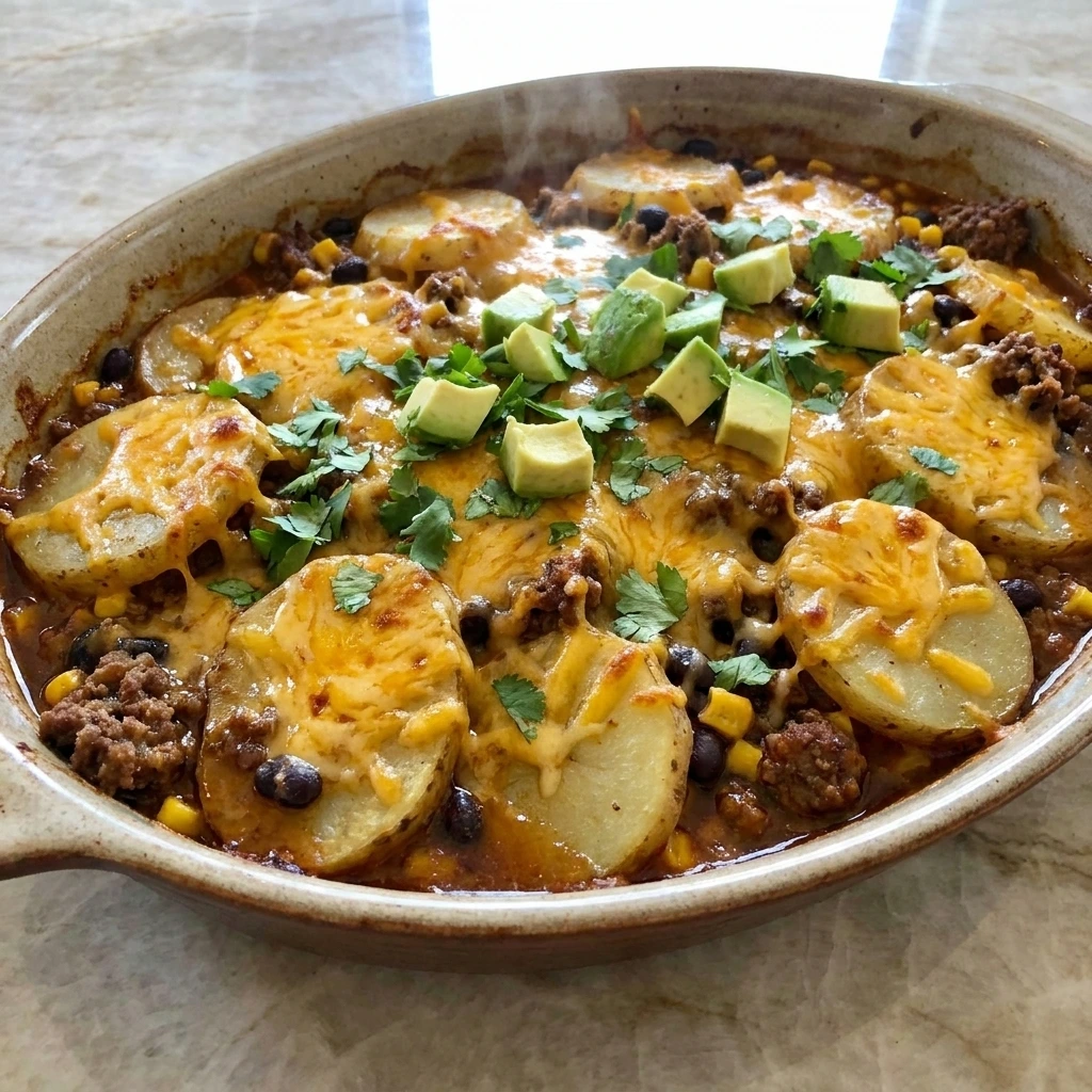 CrockPot Beefy Potato Taco Casserole with beef and potatoes and melted cheddar