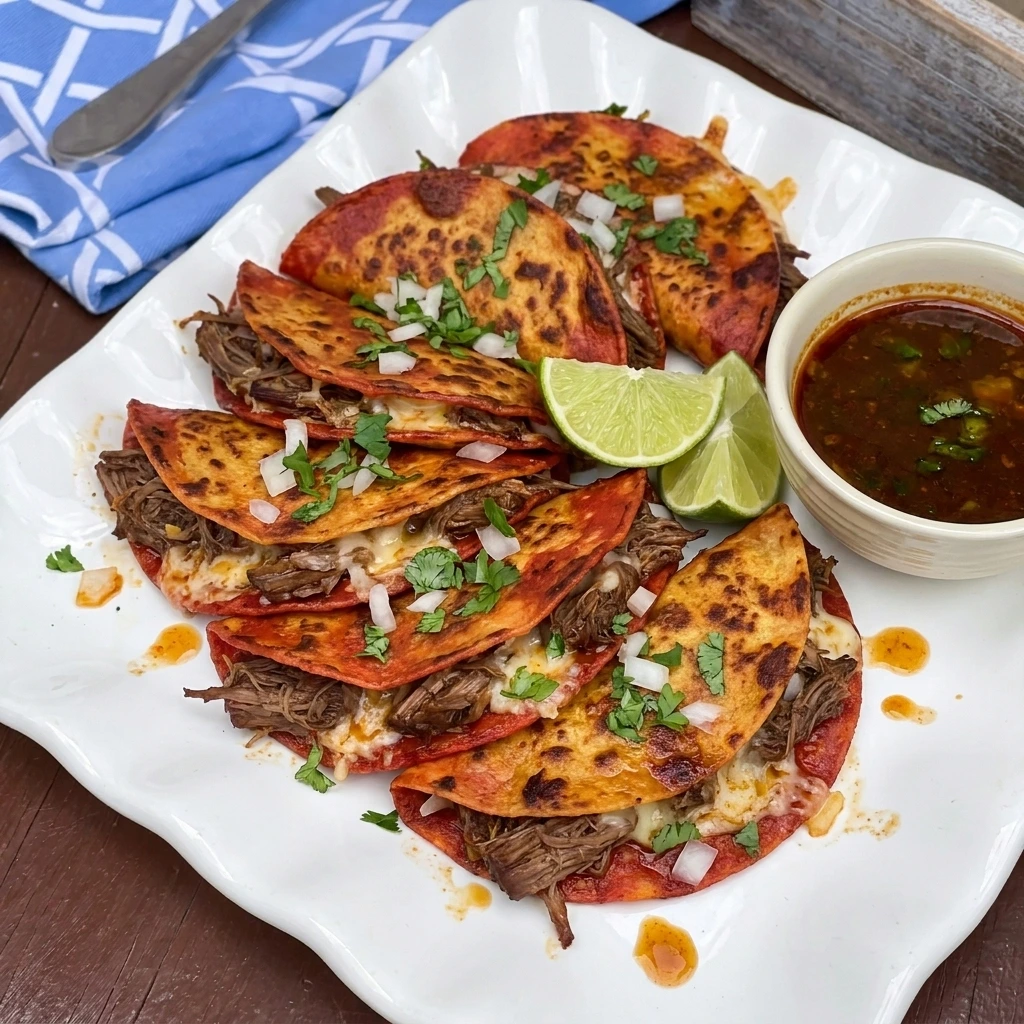Crockpot Birria Tacos filled with tender shredded beef and melted cheese
