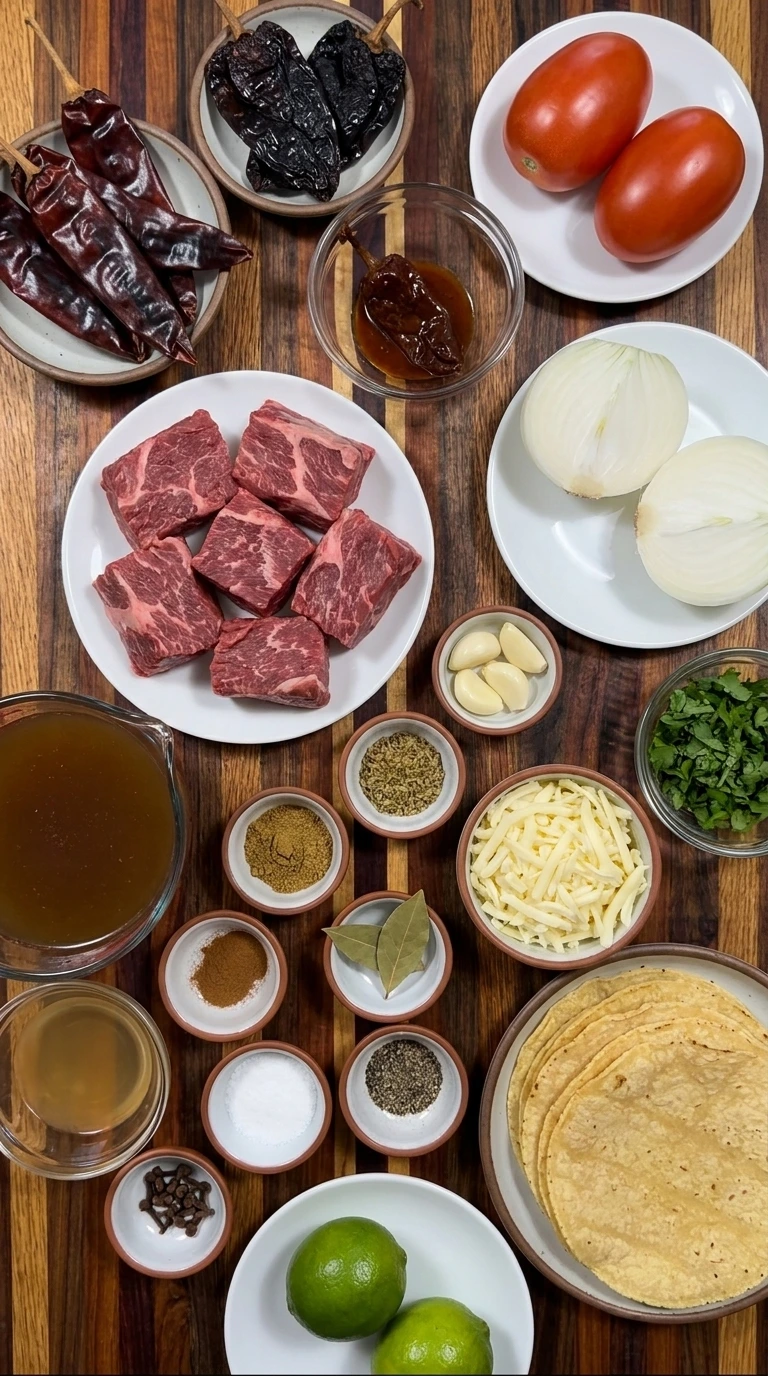 Ingredients for Crockpot Birria Tacos arranged in separate containers