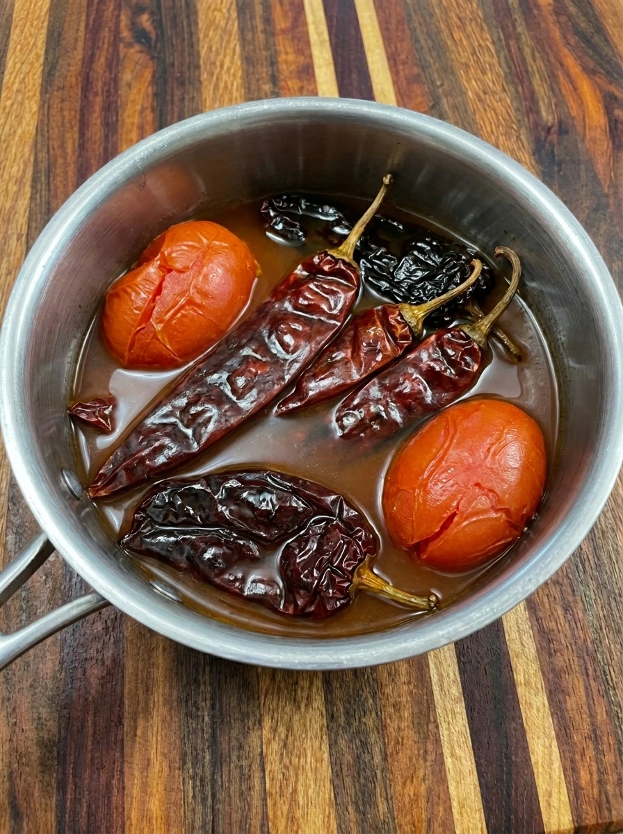 Softened dried chiles and tomatoes for Crockpot Birria Tacos