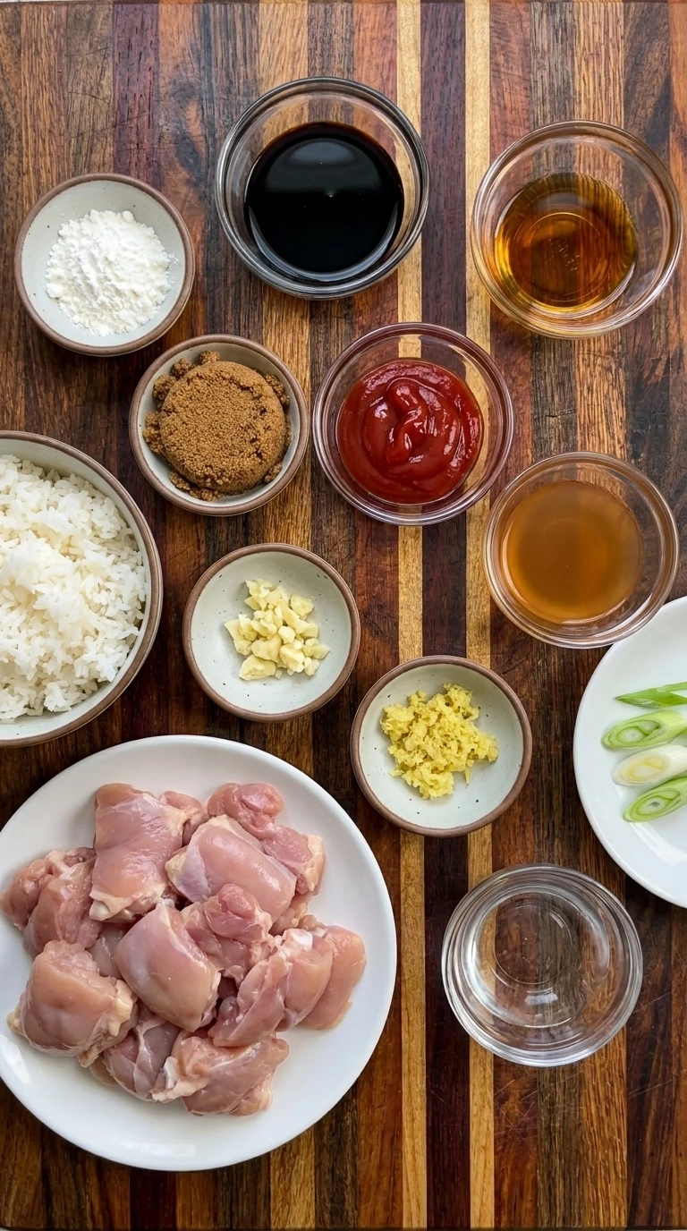 Ingredients for Crockpot Bourbon Chicken arranged in separate small containers