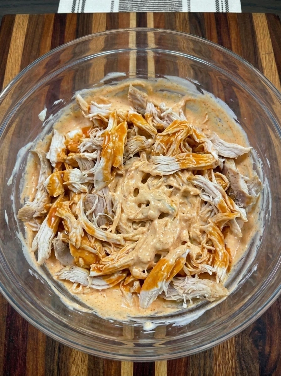 Shredded chicken folded into creamy buffalo sauce