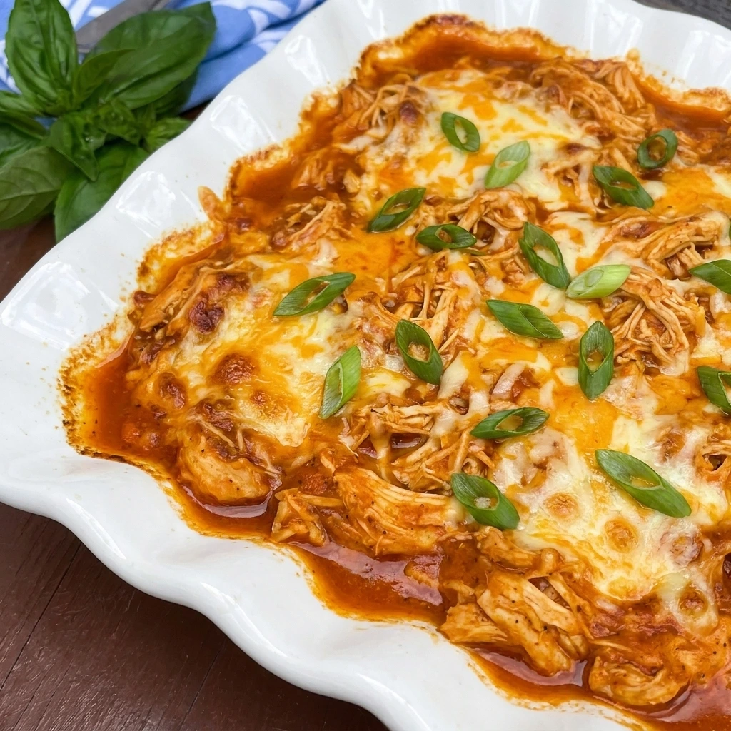 Creamy Crockpot Buffalo Chicken Dip topped with melted cheese and green onions