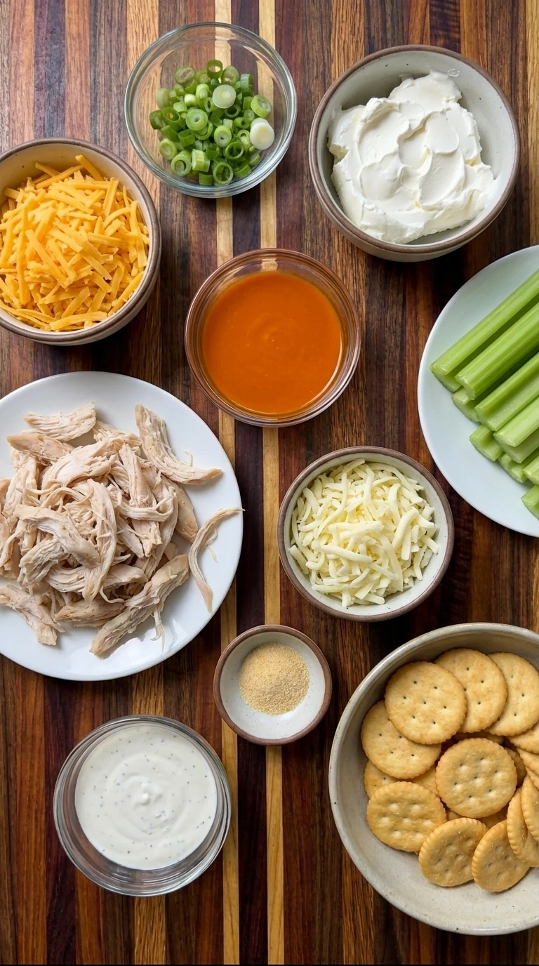 Ingredients for Crockpot Buffalo Chicken Dip arranged in separate containers