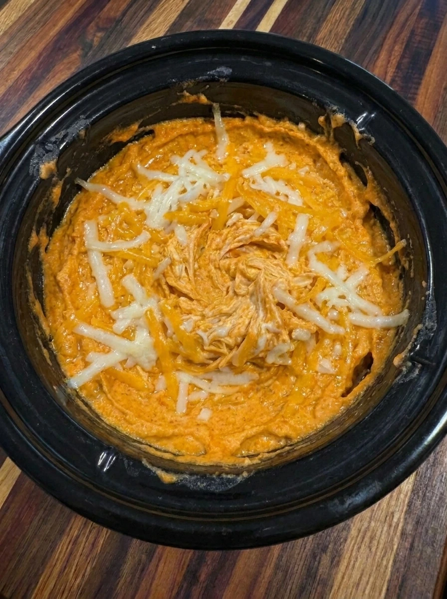 Buffalo chicken dip cooked until creamy with melted cheddar