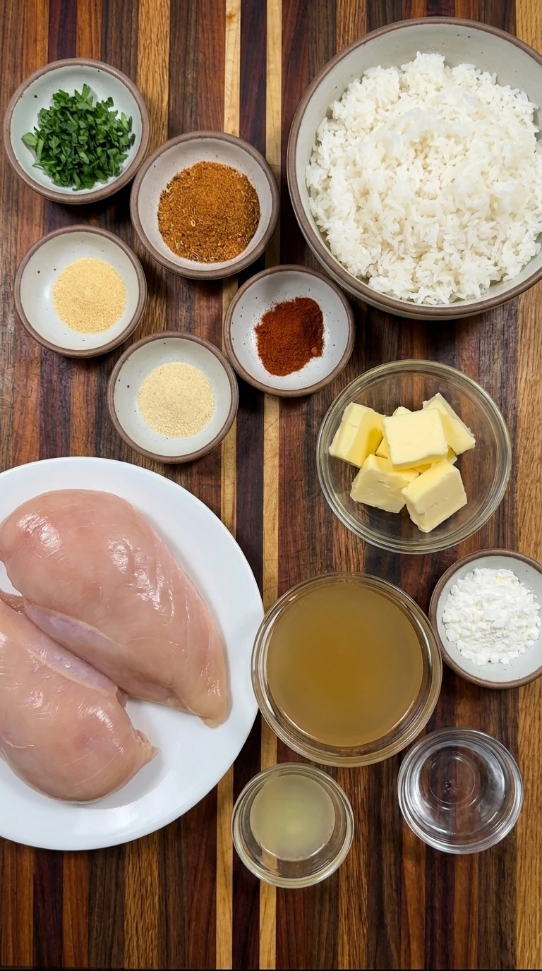 Ingredients for Crockpot Cajun Butter Chicken arranged in separate small containers